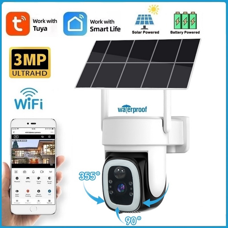 Tuya กล้องวงจรปิดพลังงานแสงอาทิตย์ไร้สายอัจฉริยะ PTZ แบตเตอรี่ในตัว 3MP Wifi กล้องกลางแจ้ง PIR Human