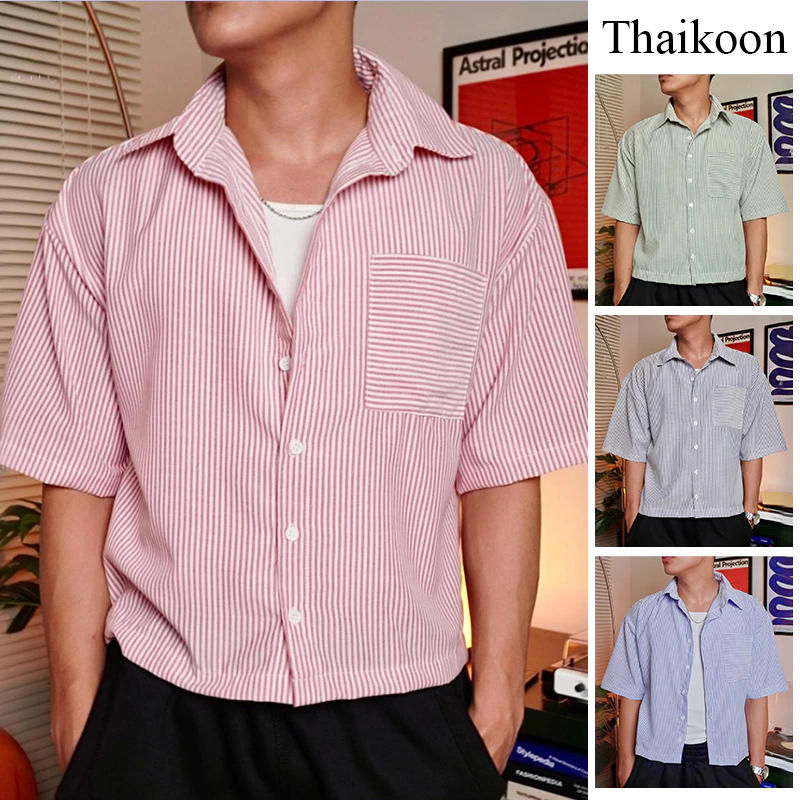 เสื้อลายแขน 3/4 สไตล์เกาหลี เสื้อลำลองทรงหลวมสำหรับผู้ชาย