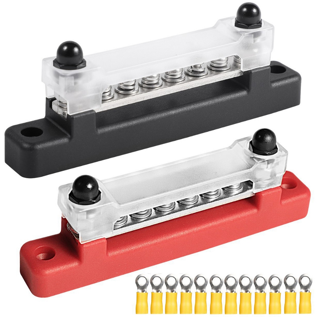 บล็อกขั้วบัสบาร์ 6 ทาง Bus Bar M6 12V Power Distribution Block พร้อมฝาครอบ Studs Terminal Block Max 150A บวกลบสําหรับอัตโนมัติ