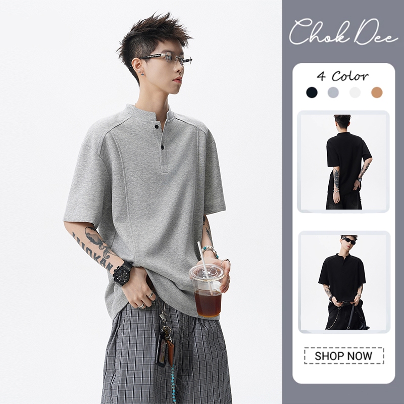 เสื้อเชิ้ต Henley สีทึบอินเทรนด์ - เสื้อเชิ้ตแขนสั้นสไตล์ High Street สไตล์อเมริกัน