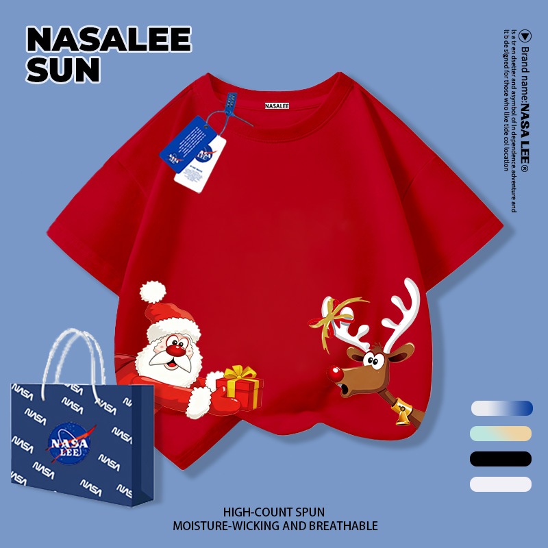 【จัดส่งทันทีวันเดียวกัน】NASA เสื้อยืดแขนสั้นสีแดงสำหรับเด็กอายุ 3-16 ปี ผ้าฝ้าย 