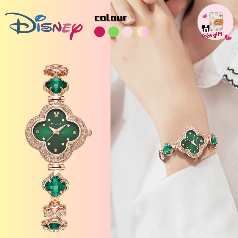 Disney Mickey Mouse Series Four-Leaf Clover นาฬิกาควอทซ์กันน้ําส่องสว่างสร้อยข้อมือสุภาพสตรีนาฬิกา