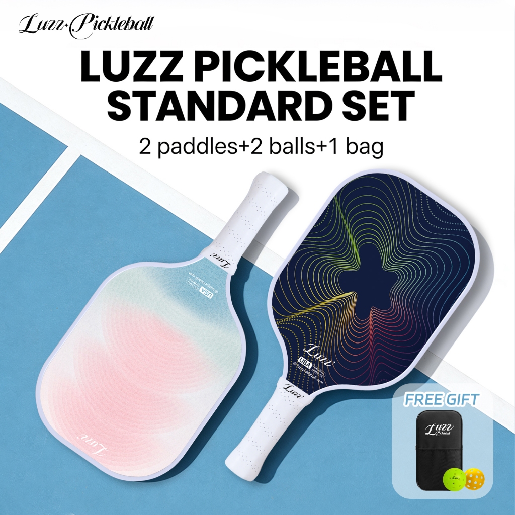 Luzz Pickleball Paddle Set (16 มม., T700 คาร์บอนไฟเบอร์) | มาตรฐาน 2 พาย + ลูกชิ้น 2 ลูก + ถุงดองบอลสีดำ