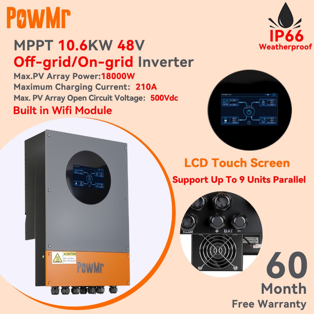 PowMr MPPT 10.6KW Off-Grid/On-Grid Solar Hybrid Inverter 230Vac IP66 PV แรงดันไฟฟ้า 120-500Voc ในตัว