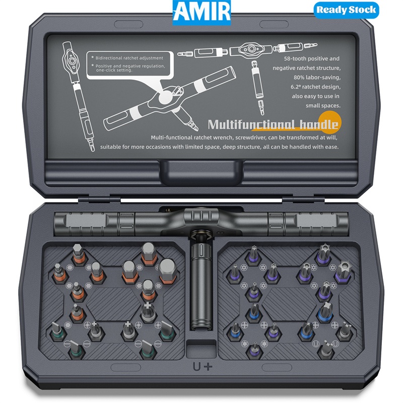 AMIR 34 in 1 Magnetic RatchetScrewdriver Set, Multi Bit ไขควงชุดพร้อมกล่องเก็บสําหรับเฟอร์นิเจอร์, คอมพิวเตอร์, จักรยาน, ซ่อมอิเล็กทรอนิกส์และ DIY ของขวัญ