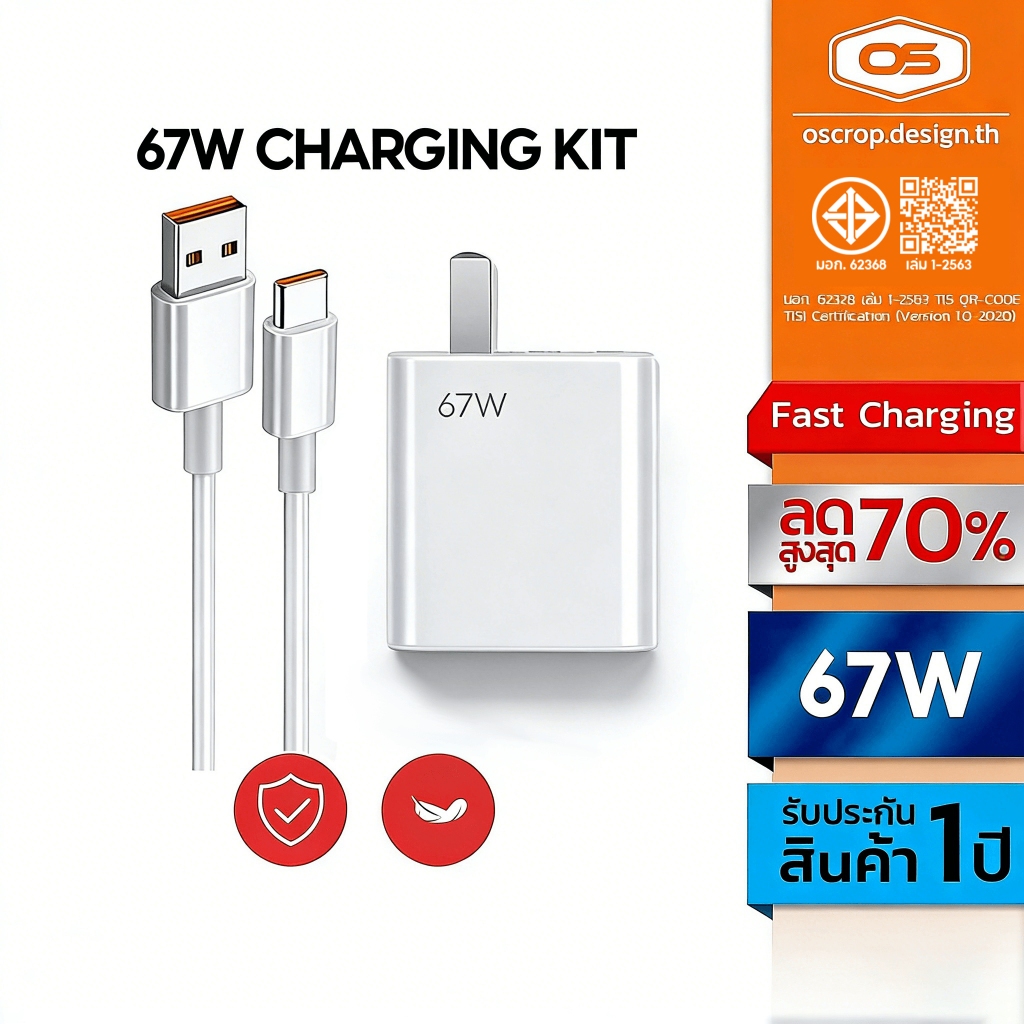 สายชาร์จ หัวชาร์จ 33W 67W 120W USB Type C รองรับ Quick Charge 3.0 4.0 FAST charge cable and adapter