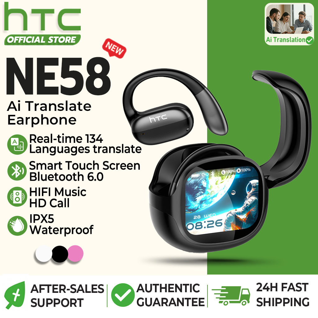 HTC NE58 AI Translator Headphone การแปลแบบเรียลไทม์ 134 ภาษา Bluetooth 6.0 ​​มัลติฟังก์ชั่น Screen Hi-Fi เสียงตัดเสียงรบกวน IPX5 กันน้ําสําหรับ IOS/Android/PC