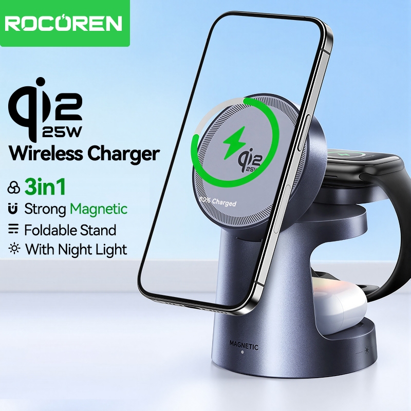 Rocoren 3 in 1 25W Qi2 Magnetic Wireless Charger สําหรับ iPhone AirPods iWatch สําหรับ Samsung Fast Charging Station