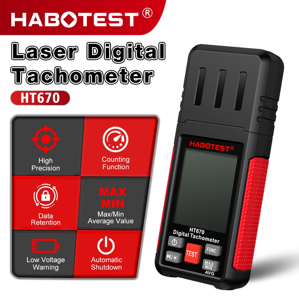 HABOTEST HT670 เครื่องวัดวามเร็วดิจิตอลแบบไม่สัมผัสความแม่นยําสูงเลเซอร์/การวัดความเร็วอินฟราเรด 10-99999rpm เหมาะสําหรับหลายเส้นในห้องปฏิบัติการยานยนต์อุตสา