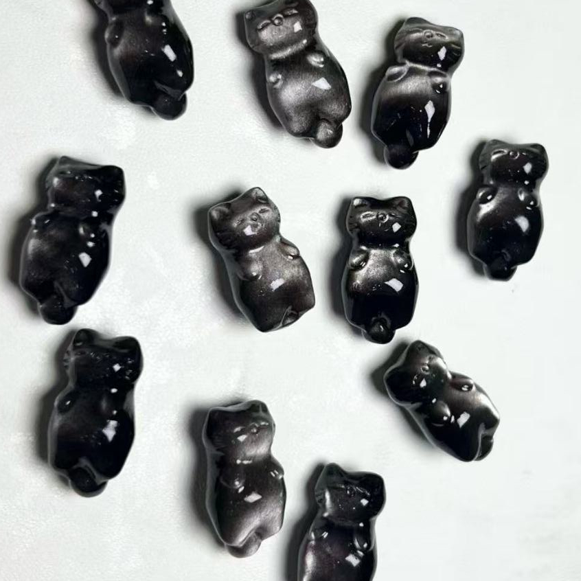 เงินธรรมชาติ Obsidian ลูกแมวจี้รูประมาณ 21 * 11 มม.แกะสลักชิ้นคริสตัล Hand-Made เครื่องประดับ diy อุปกรณ์เสริม Simple All-Match ของขวัญ