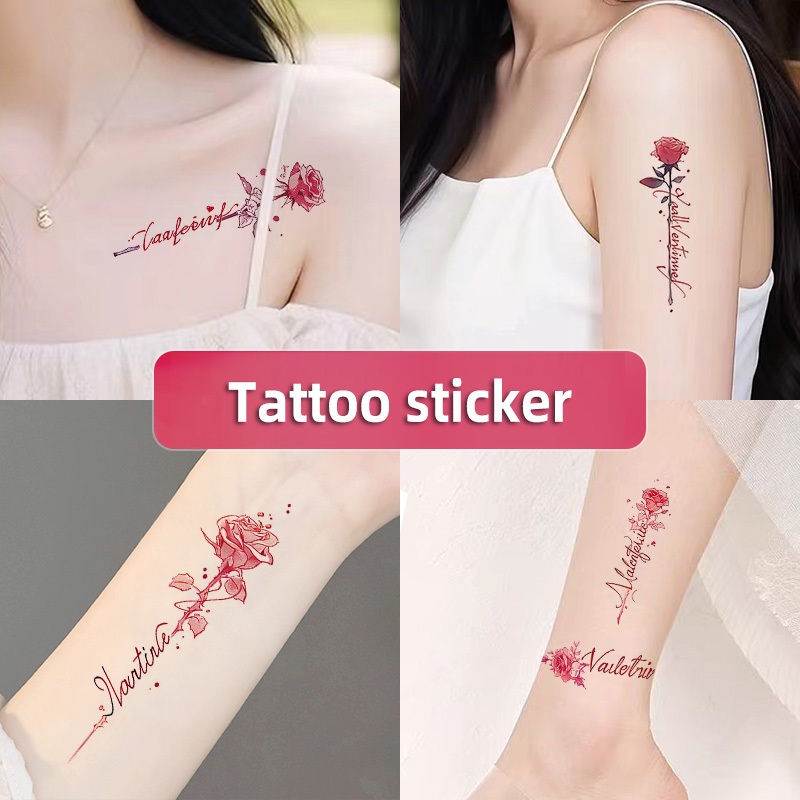 สติ๊กเกอร์ลายสักกุหลาบสีชมพูอ่อน สำหรับติดกระดูกไหปลาร้าและข้อมือ ทนน้ำได้