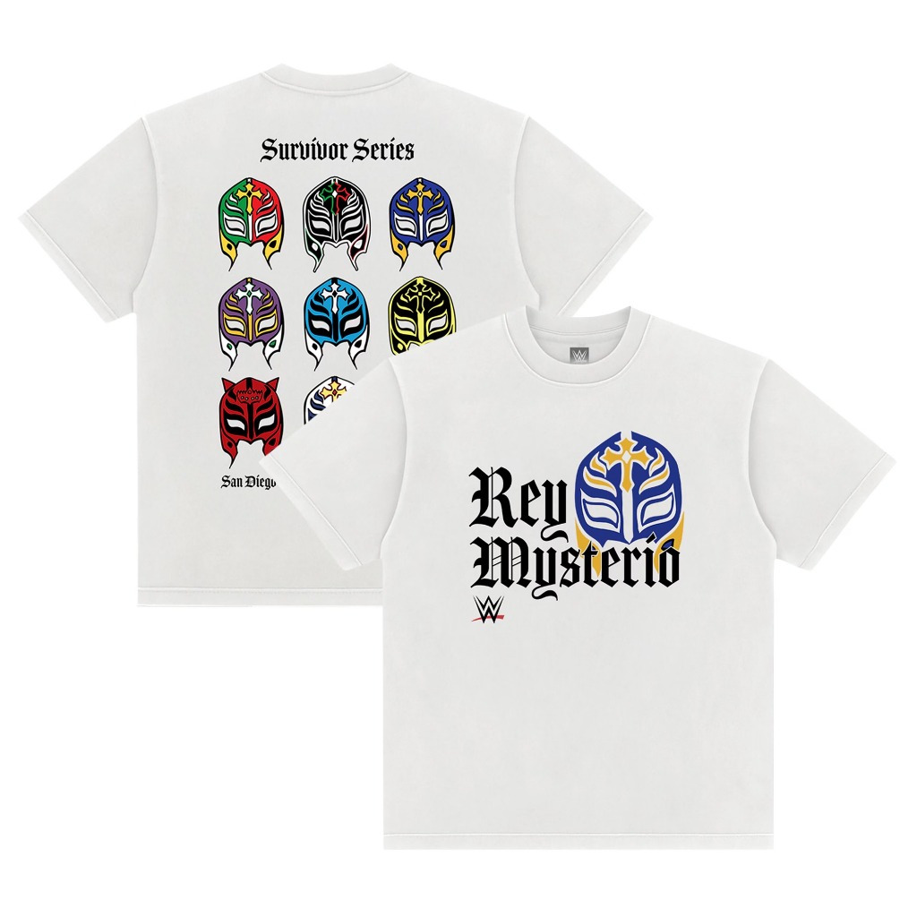 เสื้อยืดผู้ชาย WWE ลาย Rey Mysterio สีขาว แบบ Boxy