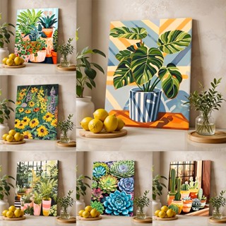 ดอกไม้และพืชสีเขียว/ระบายสีตามตัวเลข/ผนังศิลปะ/ภาพวาดผ้าใบ/ต…