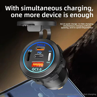 [🇹🇭⚡12hจัดส่ง] 3/4 พอร์ต PD QC3.0 USB Car Charger พร้อมสวิทช์สัมผัสและโวลต์มิเตอร์ Socket Power Outlet Adapter กันน้ําสําหรับ 12 V/24 V รถ ATV เรือ