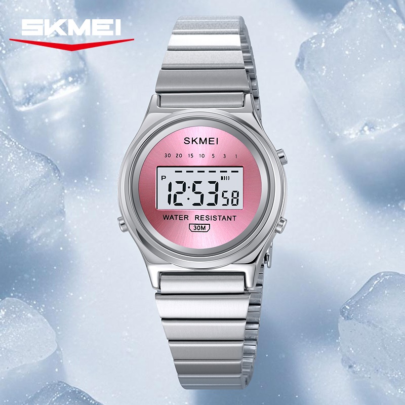 SKMEI สมี 2521 แฟชั่นที่ละเอียดอ่อนเลดี้นาฬิกาดิจิตอลมัลติฟังก์ชั่สายเหล็กกันน้ําผู้หญิงนาฬิกาข้อมือของขวัญ
