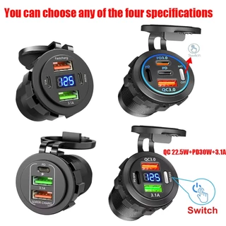 [🇹🇭⚡12hจัดส่ง] 3/4 พอร์ต PD QC3.0 USB Car Charger พร้อมสวิทช์สัมผัสและโวลต์มิเตอร์ Socket Power Outlet Adapter กันน้ําสําหรับ 12 V/24 V รถ ATV เรือ