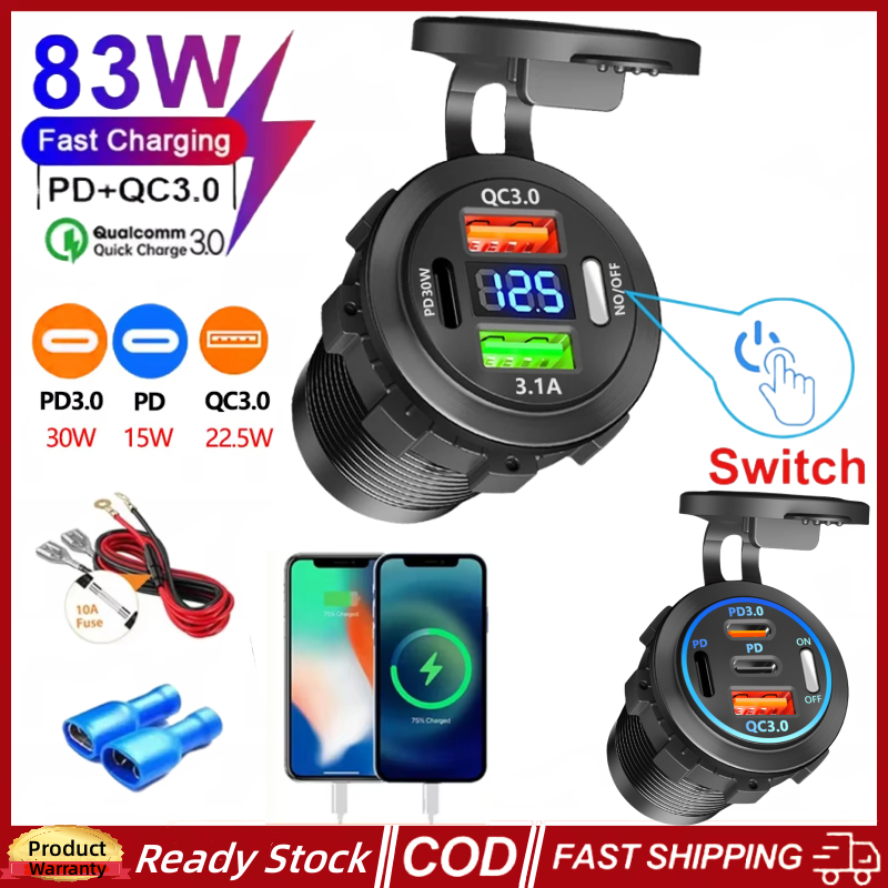 🚀ส่งจากไทย🚀83W รถ Charger ซ็อกเก็ต PD QC 3.0 USB รถ Fast Charging พร้อมโวลต์มิเตอร์และสวิทช์ Power Outlet อะแดปเตอร์กันน้ํากันฝุ่นสําหรับ 12 V/24 V รถ ATV เรือ