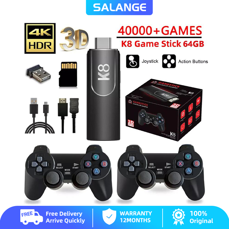 SALANGE K8 ทีวีเกม Stick 64G 4K HD Retro คอนโซลวิดีโอเกมจําลอง Dual ไร้สาย 2.4G Controller Home 3D ค