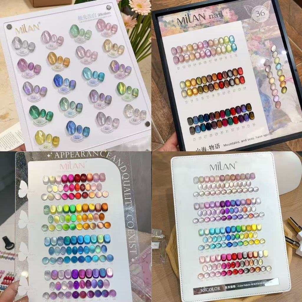 พร้อมส่ง มี4รุ่น สีเจลแคทอายเนื้อซาติน   MILAN  20 สี/36สี/40สี/50สี  เจลแคทอายเนื้อซาติน + สีเจลแคทอายลูกแก้ว+ Aurora  สีลูกแก้ว  พร้อมชาร์ทโชว์ มาใหม่