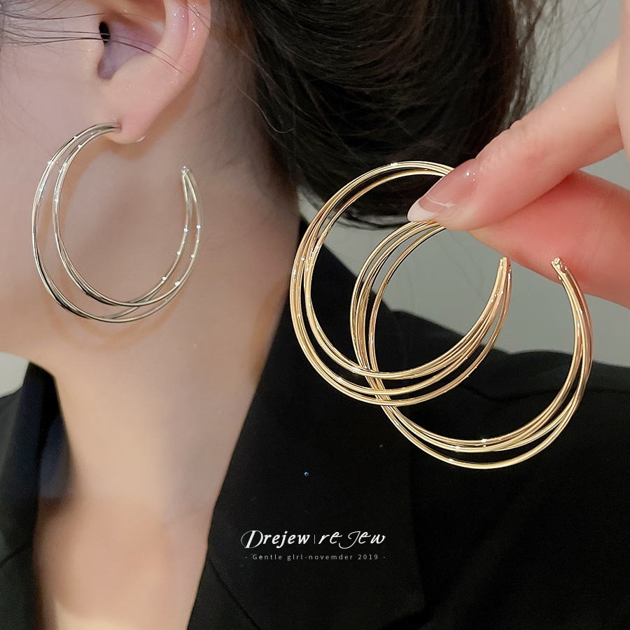 ต่างหูห่วงใหญ่หลายชั้น สีทองและเงิน แฟชั่นใหม่สำหรับผู้หญิง