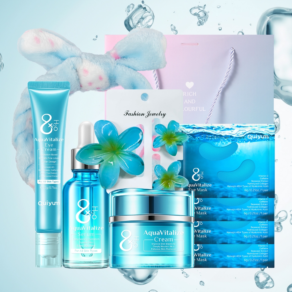 QUIYUM 8X H2O Super Hydration Skincare Gift Set - Complete Care Kit with Serum, Eye Cream, Moisturiz
