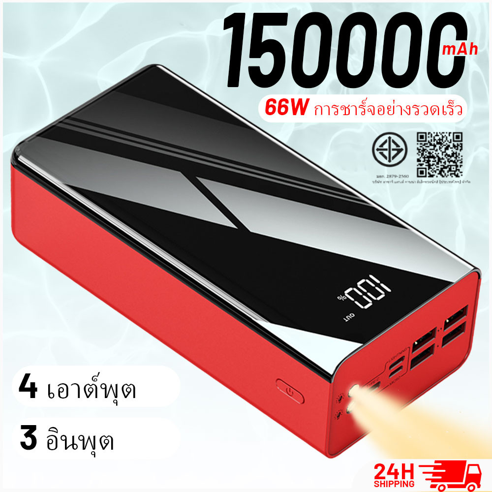 SANWEI powerbank150000mah ความจุจอแสดงผล ชาร์จเร็ว ไฟ led 3 อินพุต 4 เอาต์พุตแบบพกพา 100%ของแท้