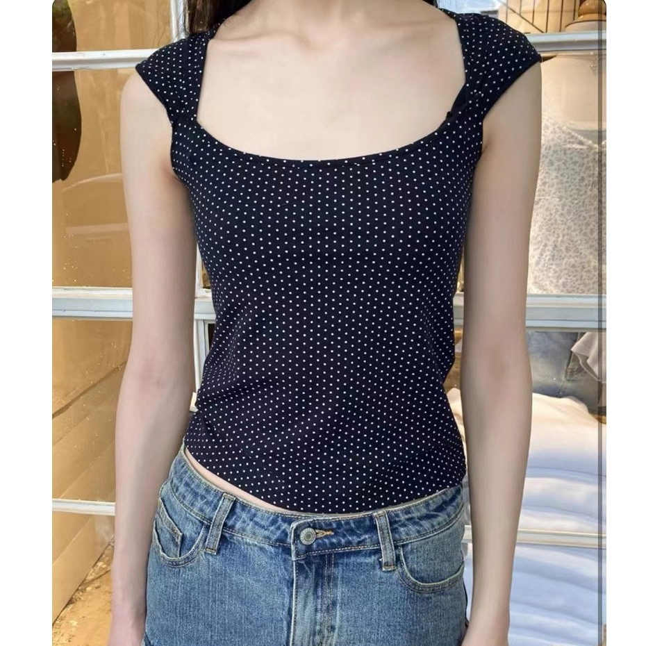 BM สไตล์อเมริกัน Polka Dot พิมพ์สแควร์คอสั้นผู้หญิง Top เอวสูง Slim-fit Slimmer ดูขนาดเล็กบินแขนสั้น