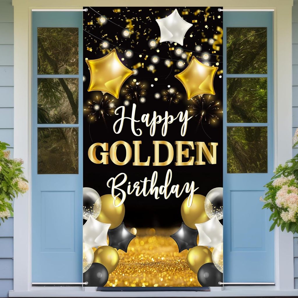 Happy Golden Birthday แบนเนอร์ประตู Golden Birthday Party ตกแต่งประตูขนาดใหญ่สีดําทองโพลีเอสเตอร์ 30