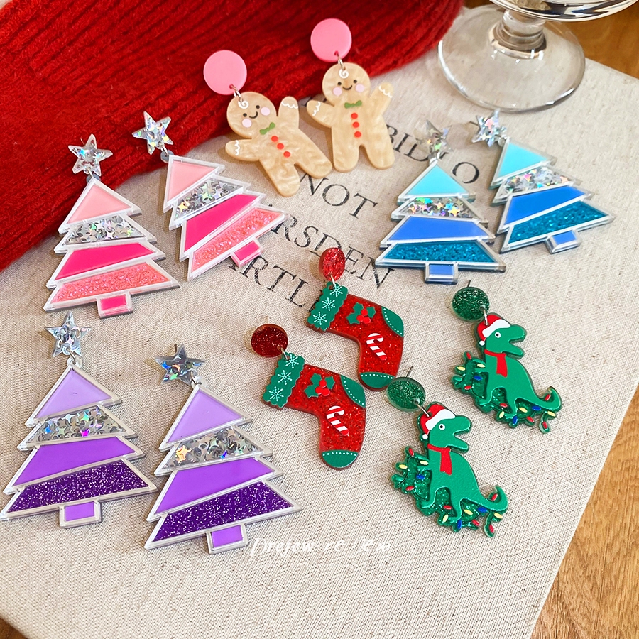 ชุดเครื่องประดับวันคริสต์มาสสำหรับผู้หญิง ต่างหู ต้นไม้ และถุงเท้าไดโนเสาร์
