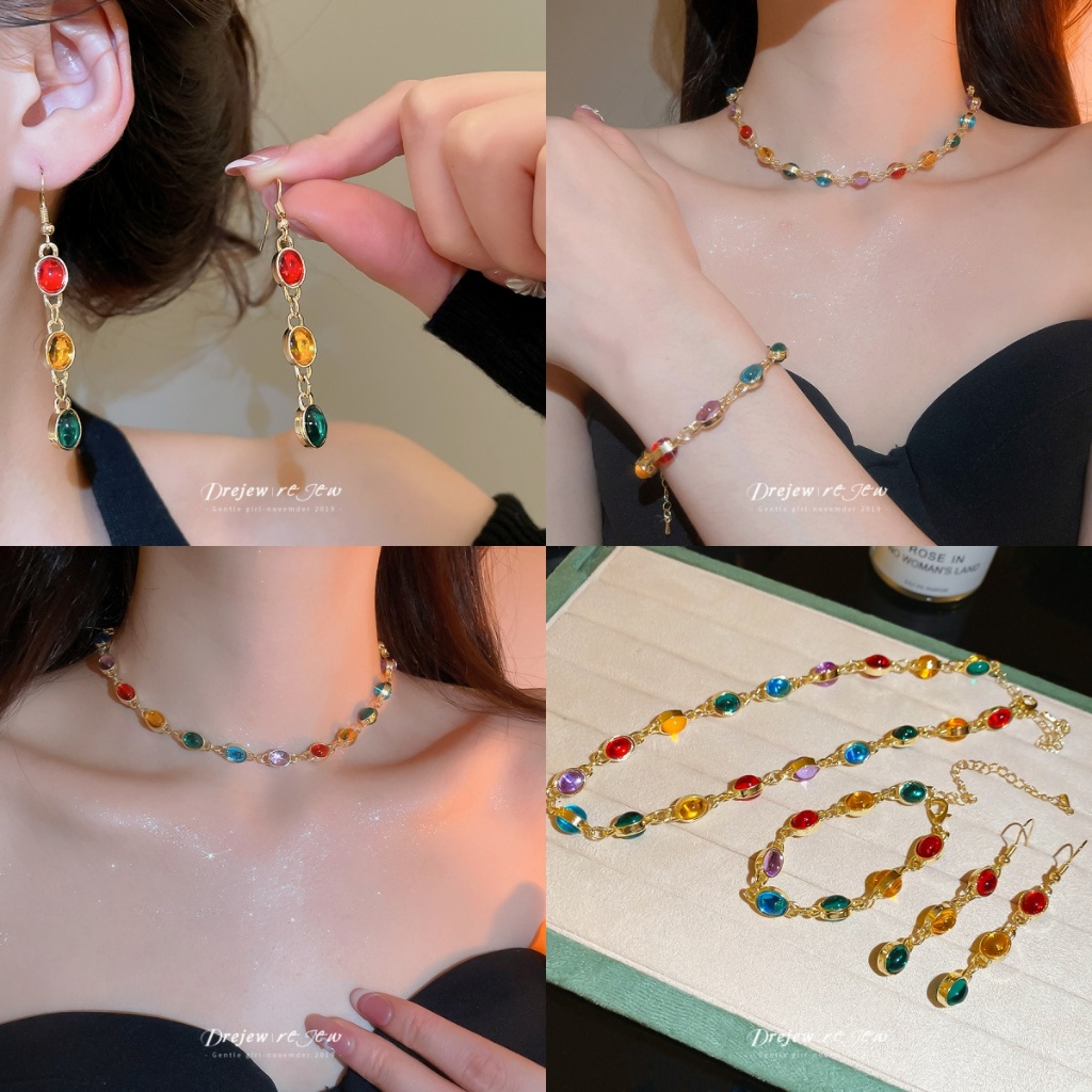 ชุดเครื่องประดับสีสันคริสตัลและโซ่ทอง สร้อยข้อมือและต่างหู สำหรับผู้หญิง แต่งกายทุกวัน