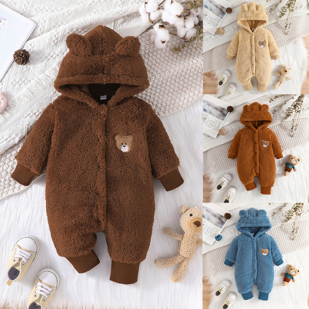 เสื้อหมีหน้าการ์ตูนเนื้อนุ่มกันหนาวสำหรับเด็กแรกเกิด 0-18 เดือน ชุดหมีเด็ก ชุดนอนเด็ก บอดี้สูท แขนยา