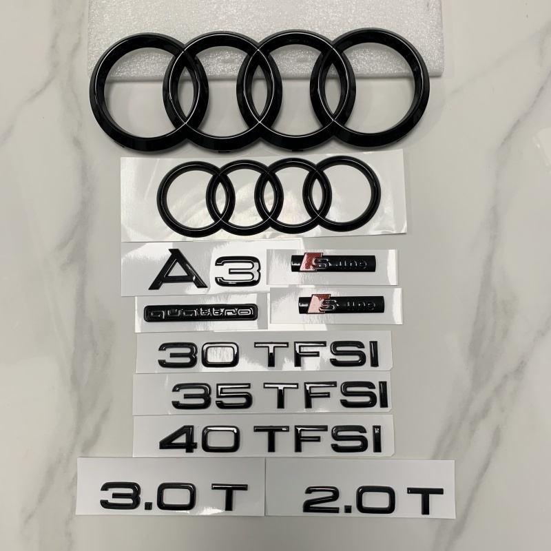 AUDI A3 4 แหวนโลโก้ ABS สีดํา 2014-2024 รถ Hood ด้านหน้าย่างด้านหลังป้ายสัญลักษณ์สติกเกอร์ Quattro Sline A3 อุปกรณ์เสริม refit
