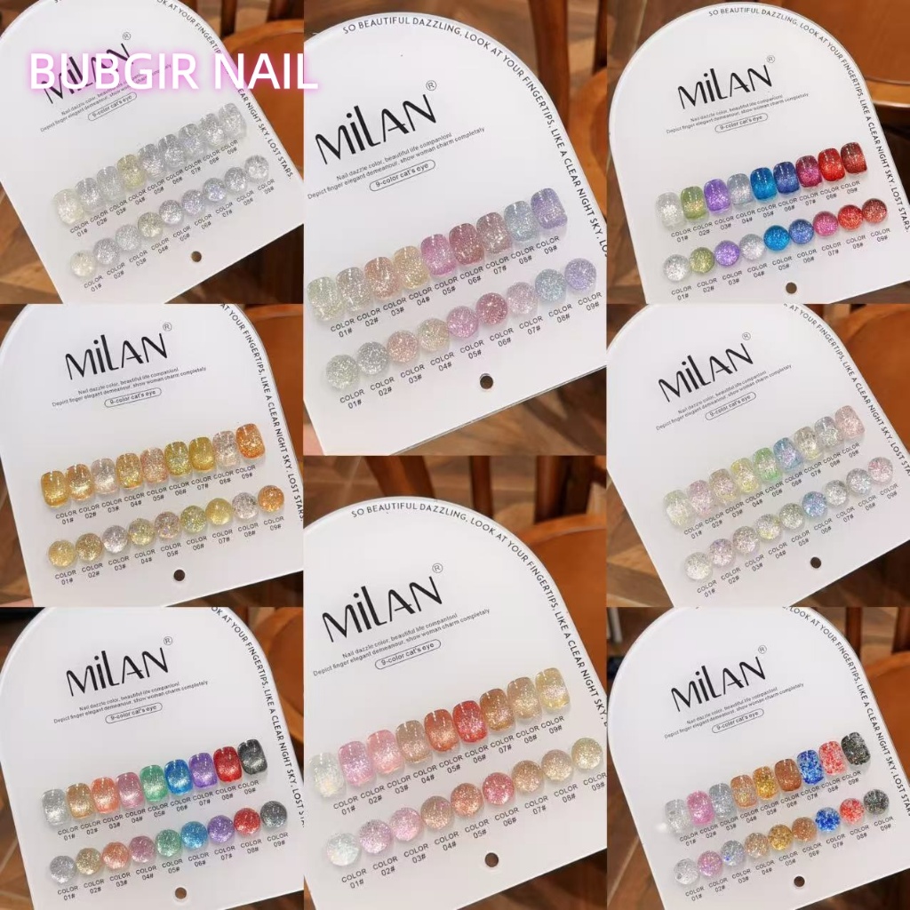 พร้อมส่ง MILAN เซ็ตใหม่ 9 สี  สีเจลแฟลช เปลือกหอยออโรร่าและกลิตเตอร์แฟลชสุดน่ารัก พร้อมชาร์ทโชว์ มี 8 รุ่น