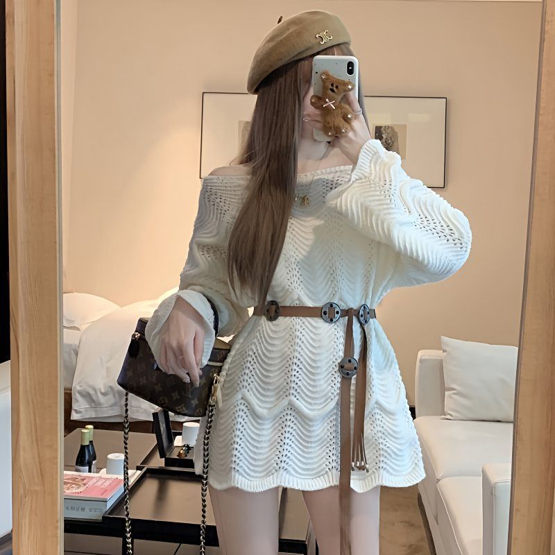 เสื้อกันหนาวแขนยาว เปิดไหล่ ทรงหลวม แต่งลูกไม้ แต่งรูกลวง แฟชั่นฤดูใบไม้ร่วง สไตล์เกาหลี สําหรับผู้หญิง - รูปที่ 6