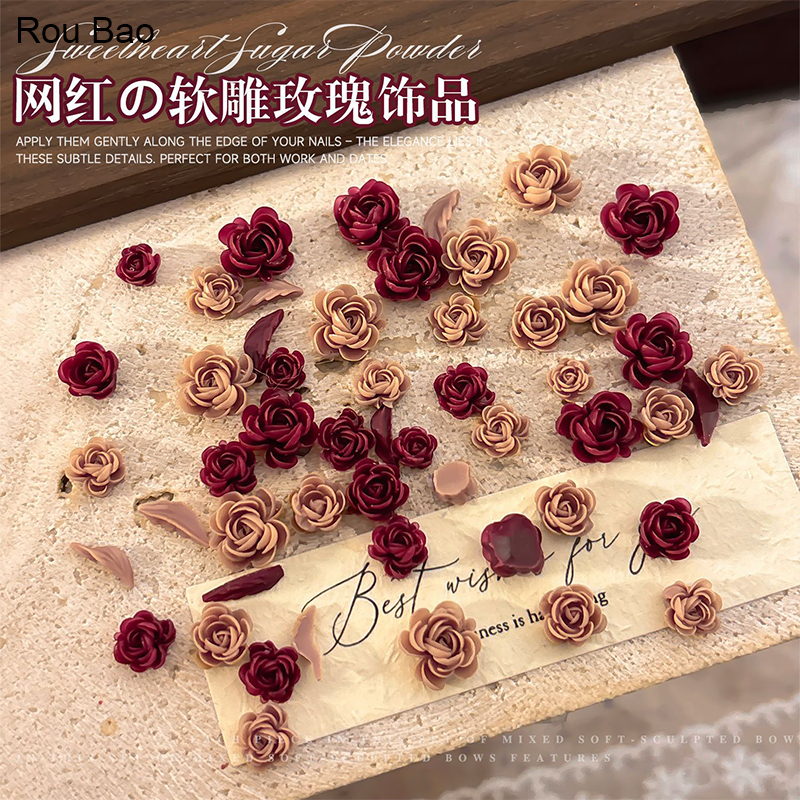 Rou Bao 50 ชิ้นเล็บแกะสลักนุ่ม Red Rose Camellia ดอกไม้ Leaf เรซิ่นเล็บ Art DIY Charms ตกแต่ง