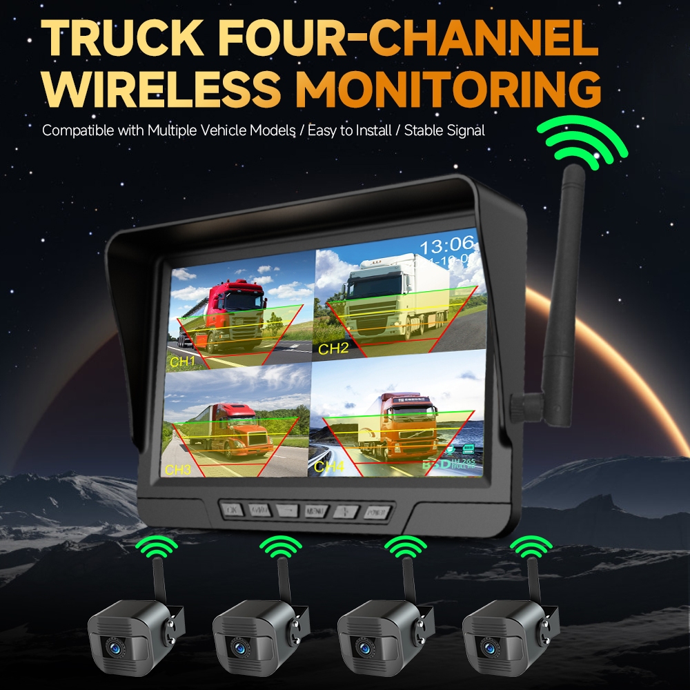 Q12-F13 รถบรรทุก 4 ช่องการตรวจสอบไร้สาย Digital DVR Recorder กล้องสํารองย้อนกลับ 7 นิ้ว WiFi Monitor