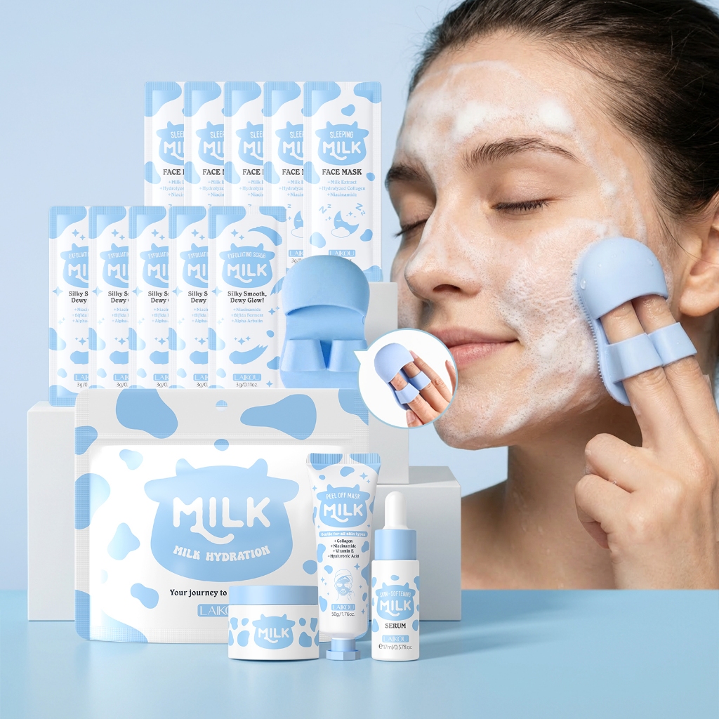 LAIKOU Milk Glow Routine ชุด 5 ชิ้น - ทําความสะอาด Exfoliate & Nourish with Peel-Off Mask ครีมทาหน้า