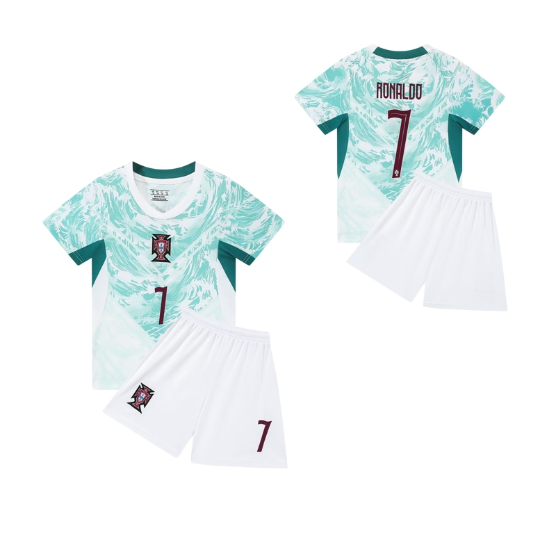 Kids Unisex Football Jersey Set CR7 Number 7 Green Short Sleeve Quick Dry Sports Training Uniform