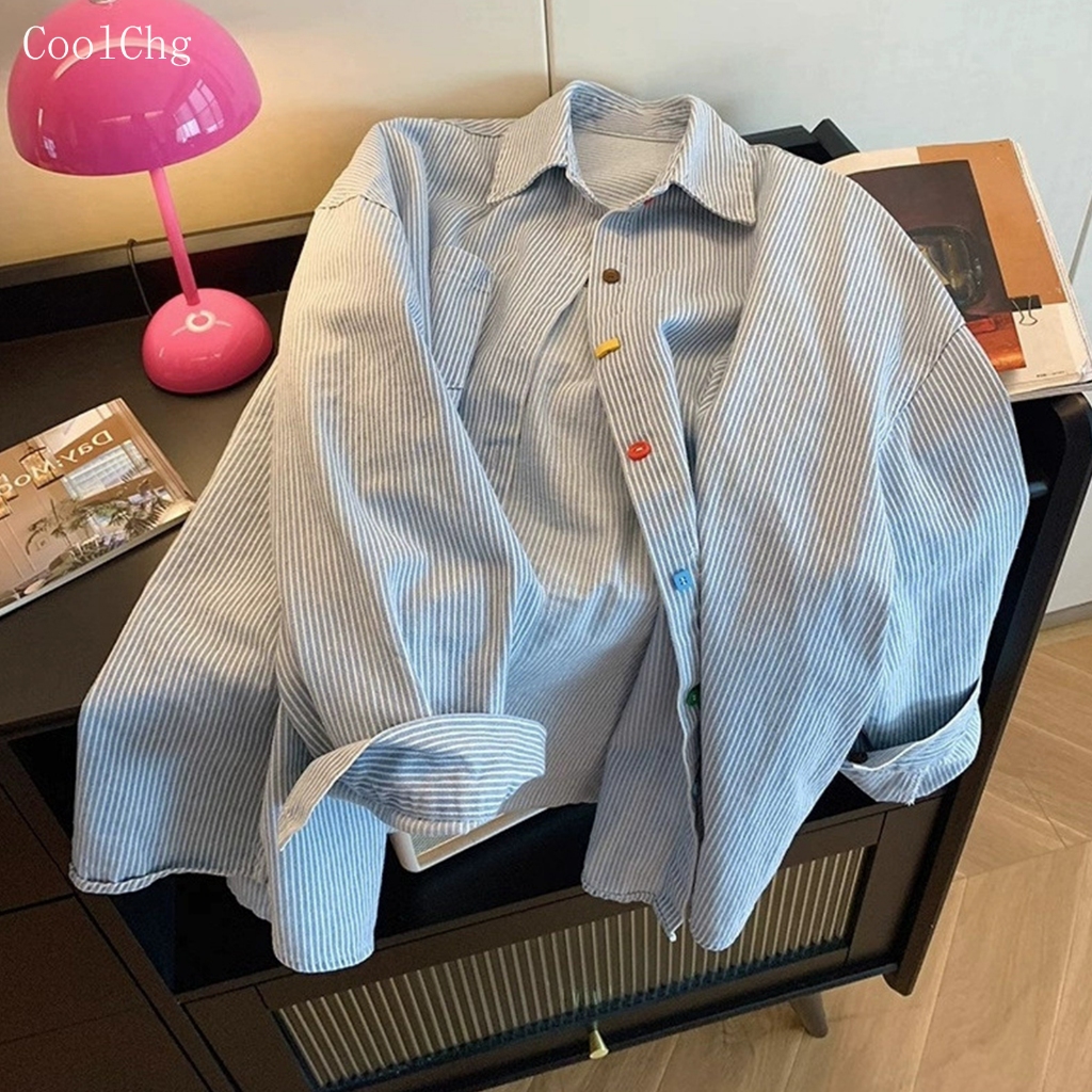 CoolChgเสื้อเชิ้ตคอปกแขนยาวลายทาง เสื้อใส่ทำงาน ใส่ไปเที่ยว ทรงหลวมๆใส่สบาย แมทช์ง่ายได้ทุกลุค พร้อมส่ง