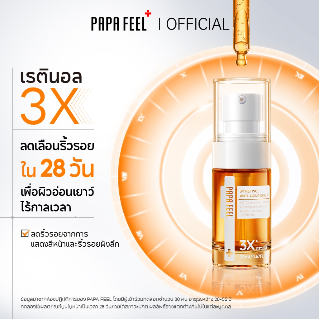 PAPA FEEL 3X Retinol Serum เรตินอลเซรั่ม 20ml คอลลาเจน | ลดริ้วรอย | ผิวแพ้ง่าย | ซึมไว | บางเบา
