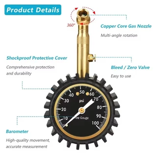 เครื่องวัดแรงดันลมยาง ความแม่นยำสูง 0-100 PSI แบบหน้าปัด ใช้ได้กับรถยนต์ทุกประเภท เกจ์วัดลมยางคุณภาพดี แข็งแรง ทนทาน ใช้งานง่าย มองเห็นชัด
