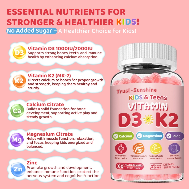 Trust-sunshine วิตามิน D3 K2 กัมมี่สอดไส้สําหรับเด็กและวัยรุ่นเพื่อรองรับการดูดซึมแคลเซียม บรรจุแคลเซียม แมกนีเซียม และสังกะสี