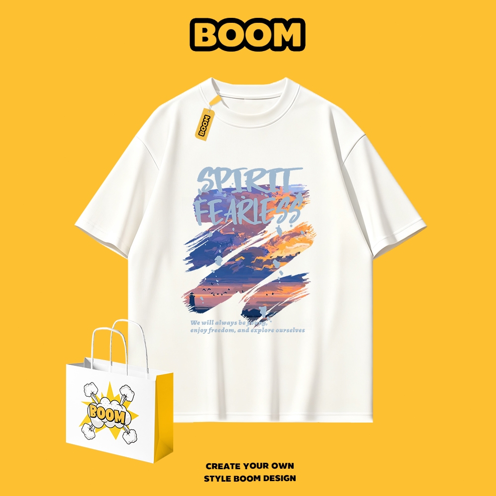 BOOM เสื้อยืดคอกลม ใส่ได้ทั้งชายและหญิง ผลิตจากผ้าคอตตอน 100% Oversize ระบายอากาศดี เหมาะสำหรับเยาวชน