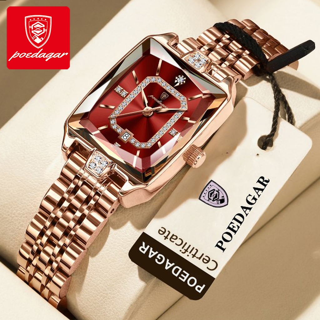 POEDAGAR นาฬิกาผู้หญิงของแท้พร้อมเพชรสายสแตนเลสวันที่เรืองแสงกันน้ํา 100% 785
