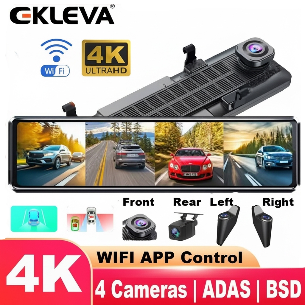 EKLEVA 11.26 นิ้วกระจกมองหลัง Dash Cam 4K 4 ช่อง BSD 24H เครื่องบันทึกที่จอดรถ