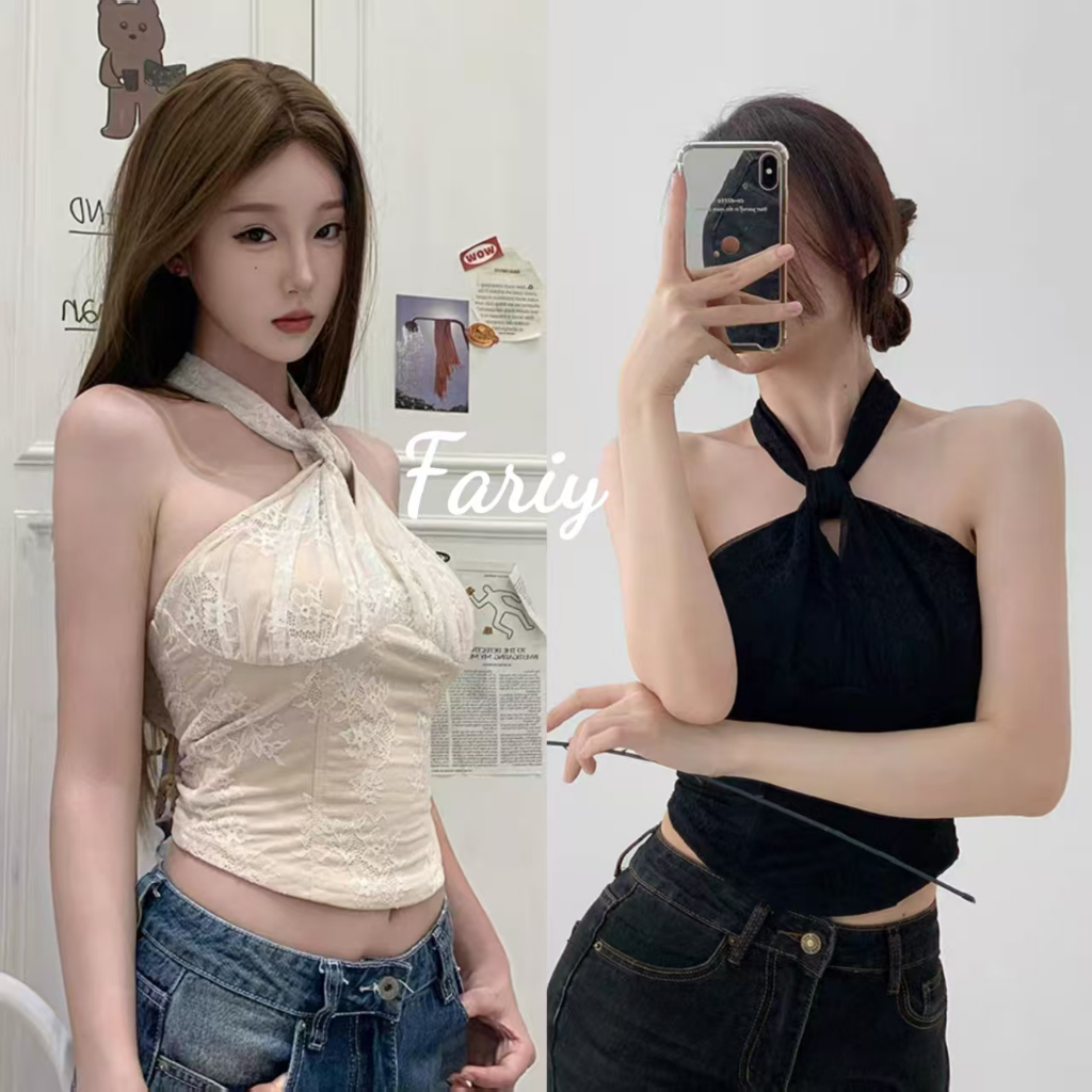 Fariy🍒คลังสินค้าพร้อม🍒 เสื้อคอฮอลเตอร์แต่งขอบลูกไม้สุดเก๋และเซ็กซี่พร้อมด้านหลังที่เข้ารูปและชายโค้งในสไตล์ฝรั่งเศส