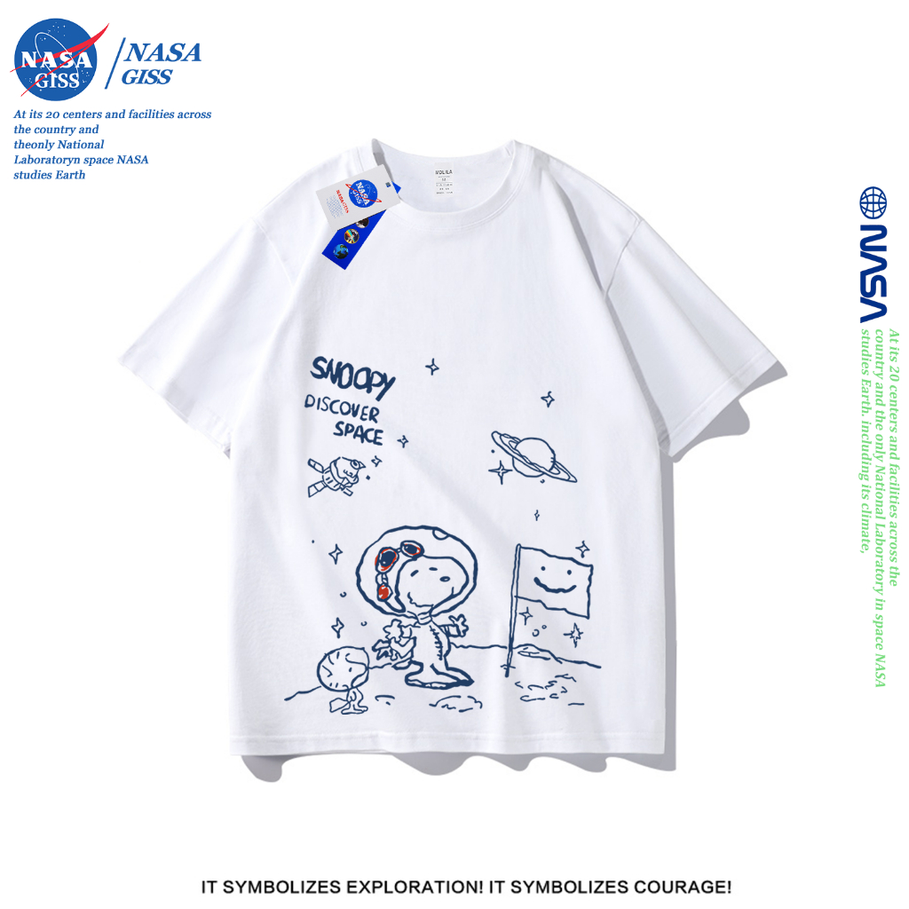 NASA เสื้อยืดชายหญิงแขนสั้น สตรีทฮิปฮอป summer สนูปปี้ลงจอดบนดวงจันทร์ พิมพ์ลาย คอตตอน คอกลม หลวมและระบายอากาศ