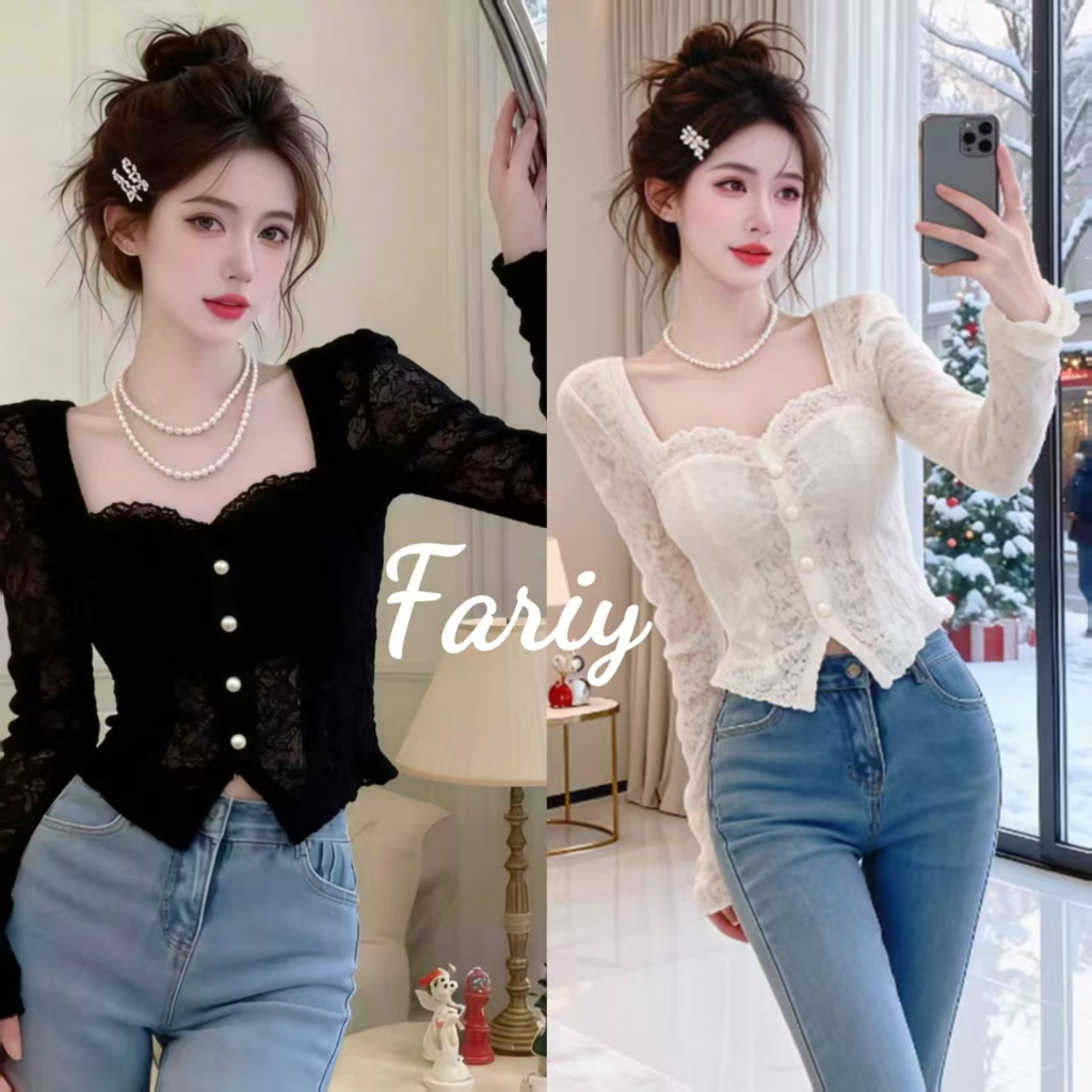 Fariy🍒คลังสินค้าพร้อม🍒 เสื้อกั๊กลูกไม้แขนยาวสีขาวสำหรับผู้หญิง สไตล์ฤดูใบไม้ร่วงใหม่ปี 2025 อารมณ์เรียบง่ายแบบฝรั่งเศส บริสุทธิ์และเซ็กซี่ เสื้อตัวสั้นอเนกประสงค์