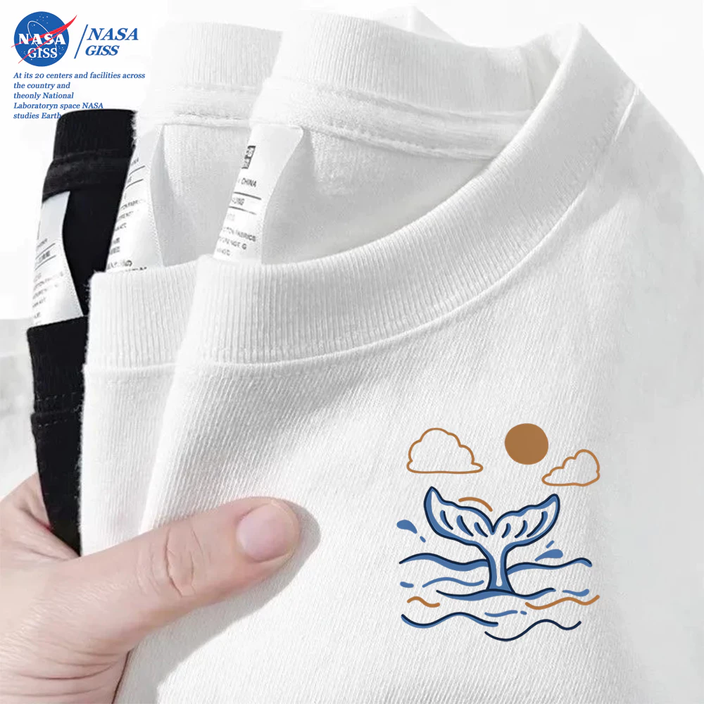 NASA เสื้อยืดชายหญิงแขนสั้น สตรีทฮิปฮอป summer วาฬ พิมพ์ลาย คอตตอน คอกลม หลวมและระบายอากาศ