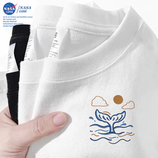 NASA เสื้อยืดชายหญิงแขนสั้น สตรีทฮิปฮอป summer วาฬ พิมพ์ลาย คอตตอน คอกลม หลวมและระบายอากาศ